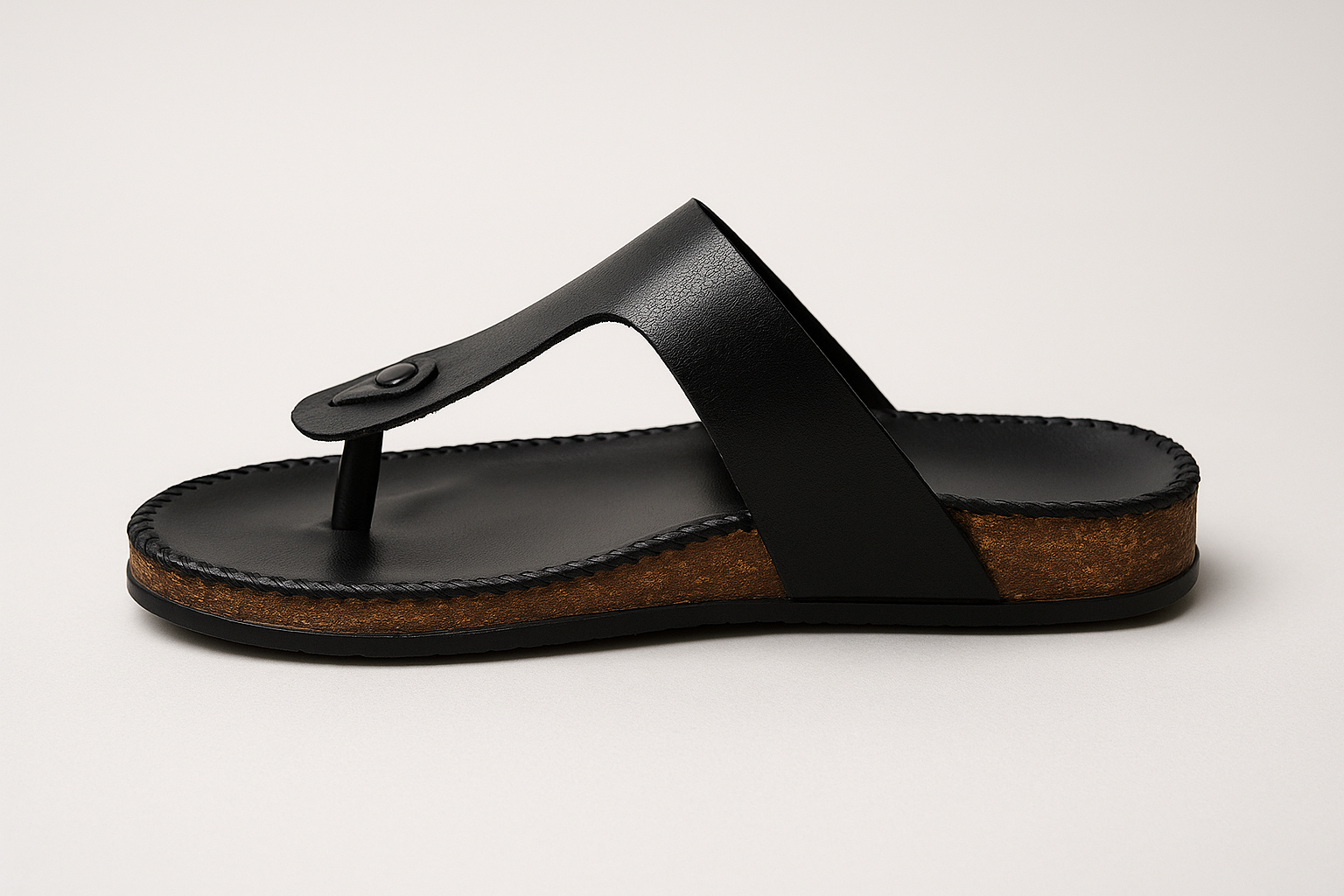 “Modescuo Men’s Classic Black Leather Toe-Ring Sandals | Comfortable Casual Slip-Ons with Wooden Finish Sole”