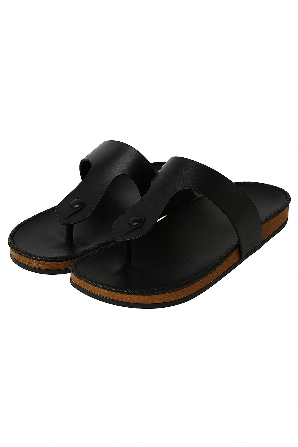 “Modescuo Men’s Classic Black Leather Toe-Ring Sandals | Comfortable Casual Slip-Ons with Wooden Finish Sole”
