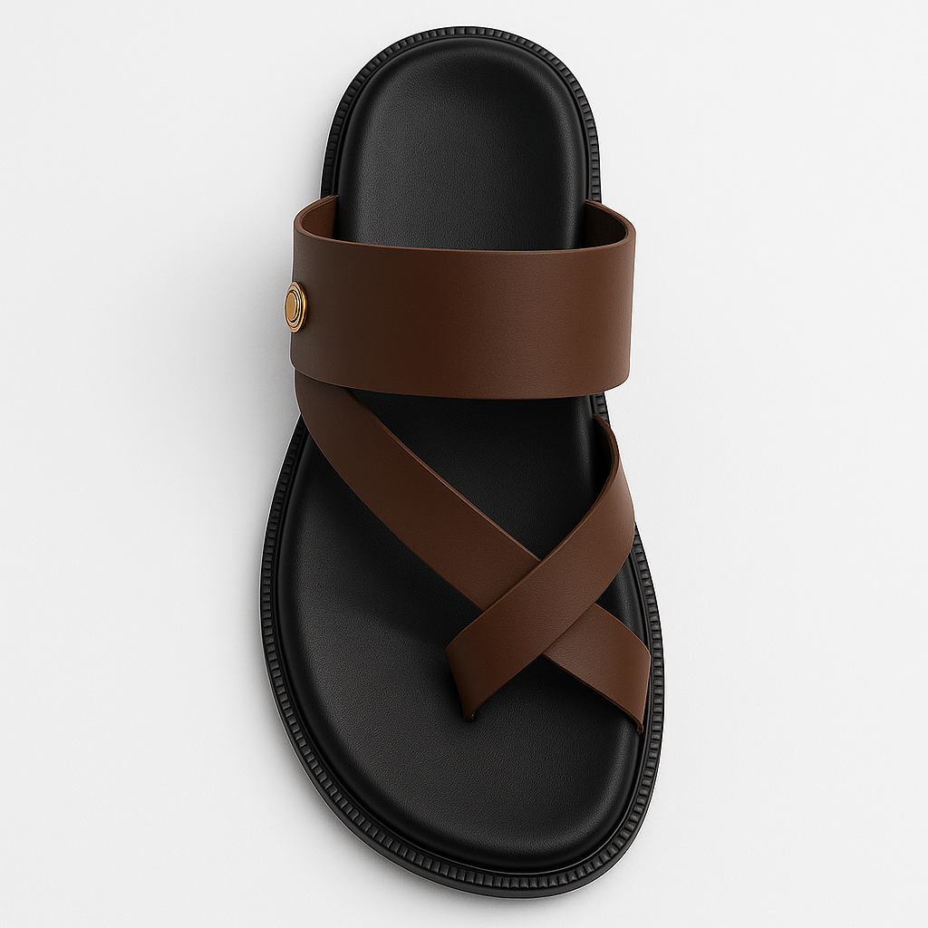 Men's Premium Brown Leather Crisscross Strap Slide Sandals | Comfort Footbed Slip-Ons
