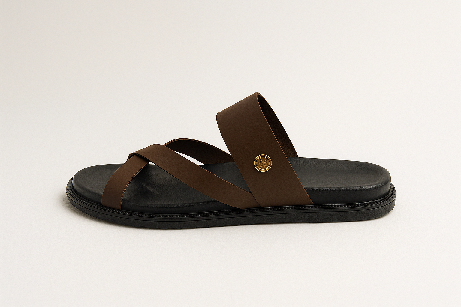 Men's Premium Brown Leather Crisscross Strap Slide Sandals | Comfort Footbed Slip-Ons