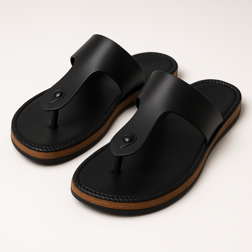 “Modescuo Men’s Classic Black Leather Toe-Ring Sandals | Comfortable Casual Slip-Ons with Wooden Finish Sole”