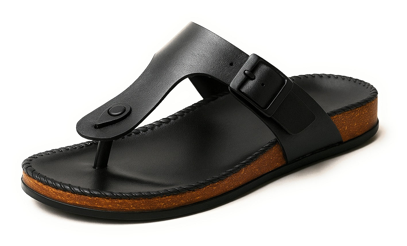 “Modescuo Men’s Classic Black Leather Toe-Ring Sandals | Comfortable Casual Slip-Ons with Wooden Finish Sole”
