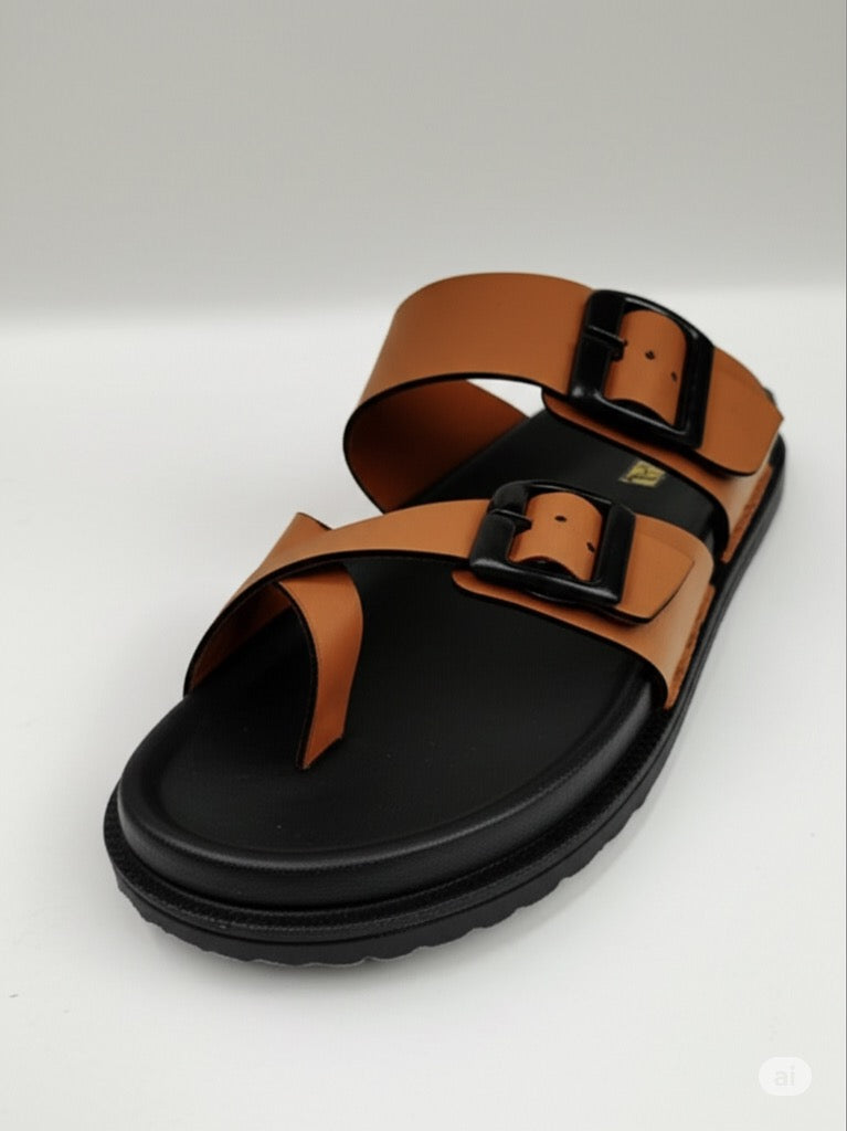 “Brown Dual Buckle Comfort Sandals”