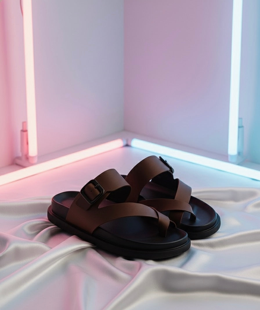 Modescuo- “Men’s Brown Buckle Cross-Strap Sandals”
