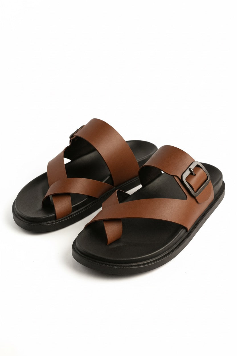 Modescuo- “Men’s Brown Buckle Cross-Strap Sandals”