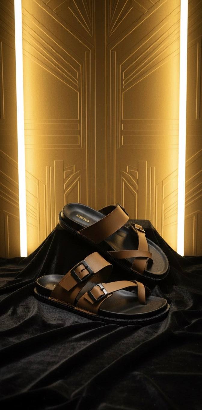“Brown Dual Buckle Comfort Sandals”