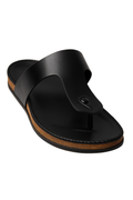 “Modescuo Men’s Classic Black Leather Toe-Ring Sandals | Comfortable Casual Slip-Ons with Wooden Finish Sole”