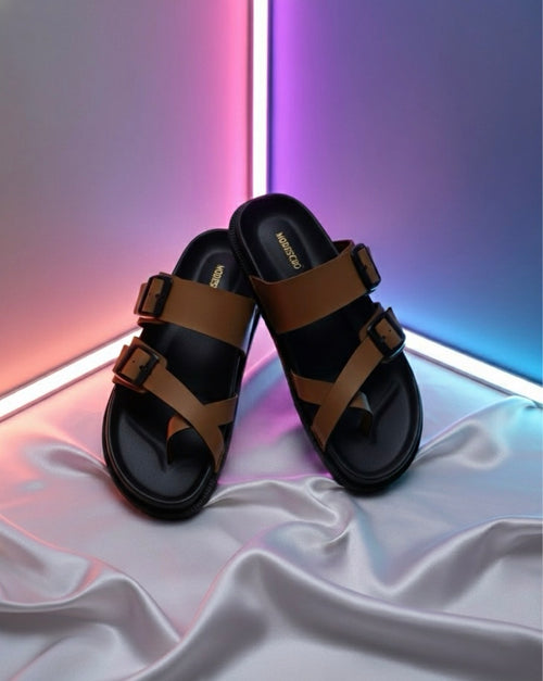 “Brown Dual Buckle Comfort Sandals”